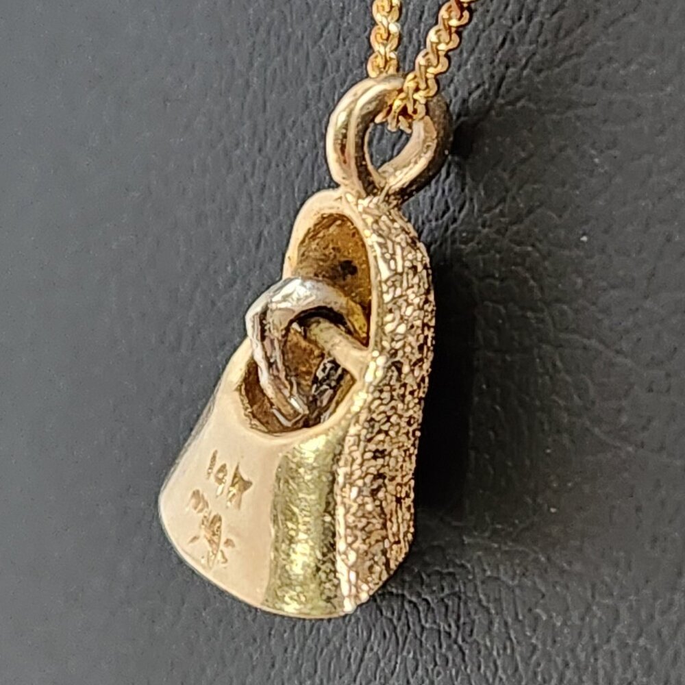 [SOLD] 1980's 14k Textured Gold Moveable Bell w/ Real Diamond Pendant Necklace - Picture 5 of 15